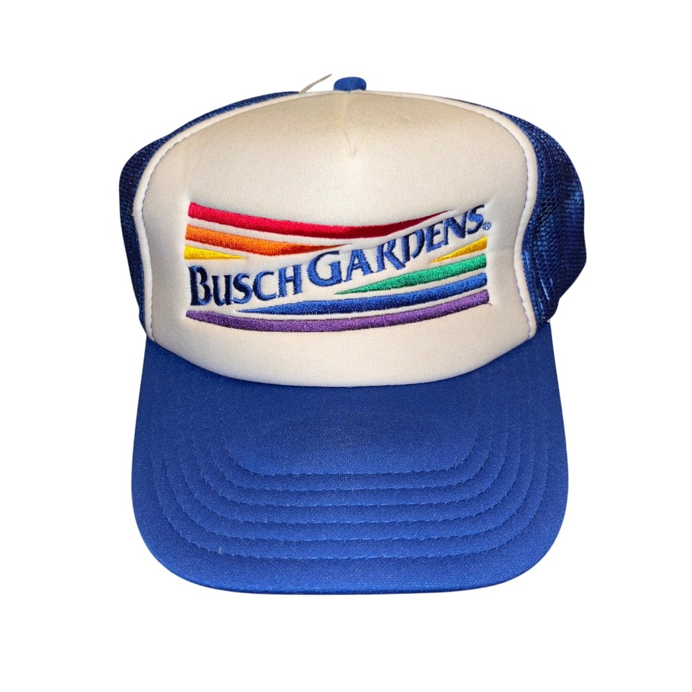 Busch Gardens | Rainbow Logo Trucker Hat | Blue White Mesh Adjustable Snapback‎